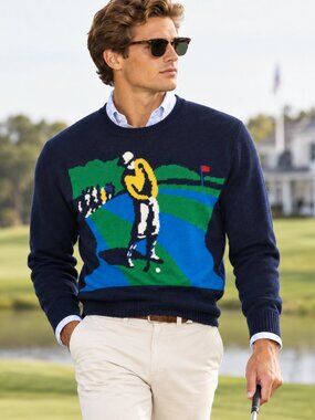 Vintage 80s John Ashford Men's Blue Golf Image Knit Sweater Large L Preppy Sport